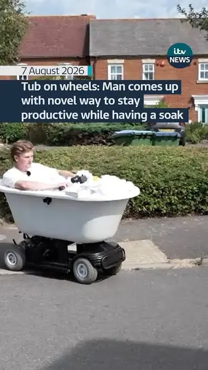 Will driving the motorised bathtub he built down a residential street, on ITV News, 7 August 2026.